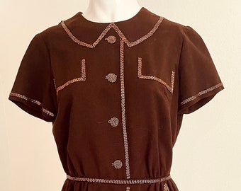 Vintage 1950s Sheath Dress - Vintage 50s Brown Crepe One of a Kind Dress w/ Trump L'oeil Copper Beading + Tassels - Size S/M