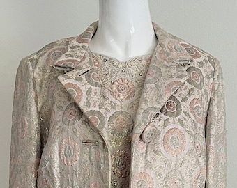 1960s Custom Made Heavily Beaded Jacquard Shift Dress + Coat - Two Piece Set - 1960s Floral + Gold Brocade Vintage Dress + Jacket w/Beading