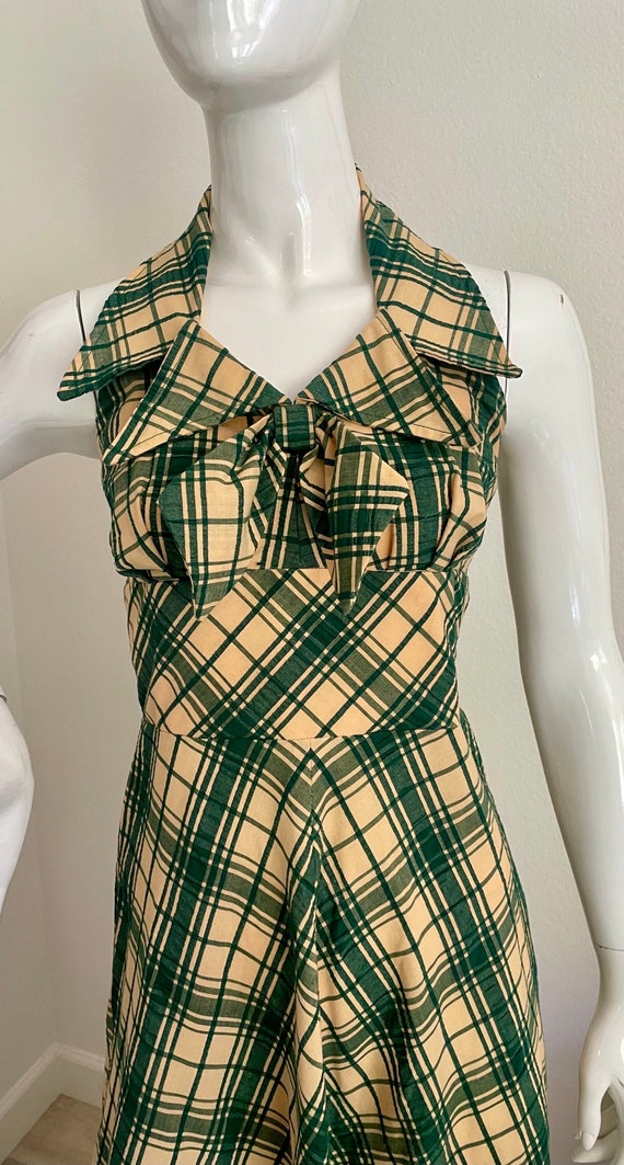 1970s Vintage Summer Halter Dress - Plaid Green Pr