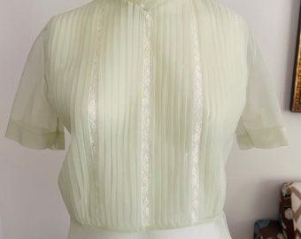 Chemisier vintage transparent des années 40 - haut plissé lime pâle avec dentelle - haut vintage des années 40 - taille S/M