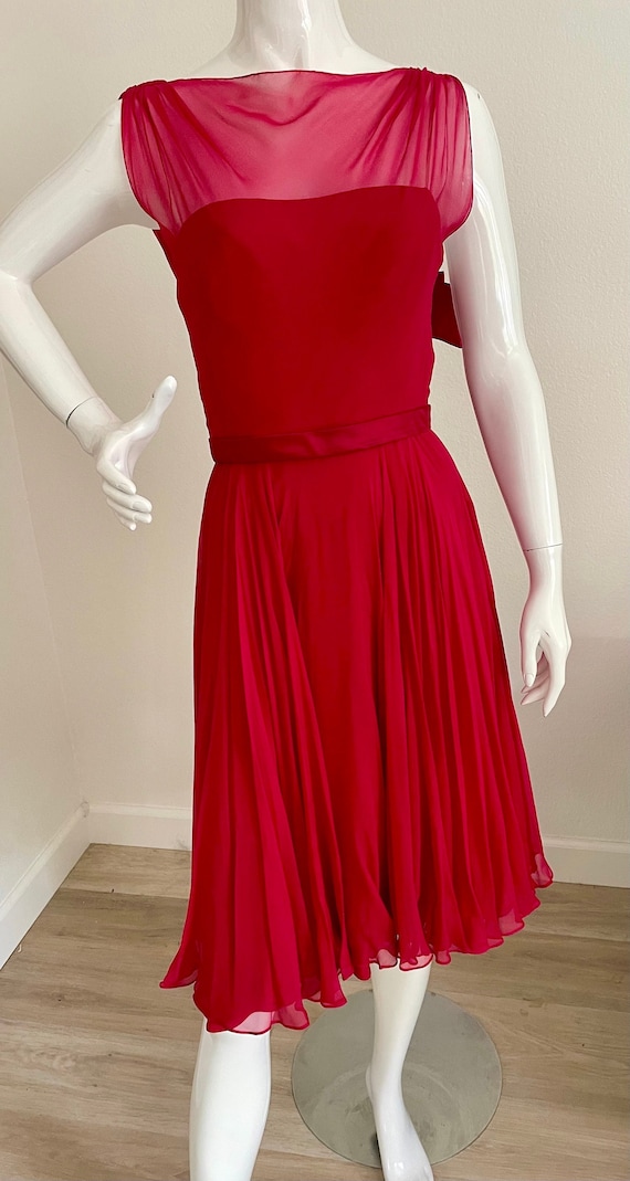 1950s Vintage Dress - Frank Starr for Saks Fifth Avenue - Vintage 50s Old Hollywood Fuschia Chiffon Fit & Flare Dress w/Back Bow - Size S