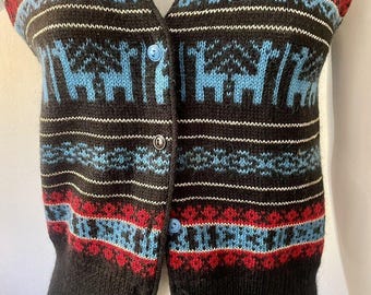Vintage 1980s Handknit Fair Isle Sweater Vest - Elge 4 France - Vintage 80s Handmade Soft Knit Vest w/Blue Llamas - Sz S/M