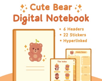 Caderno digital de urso fofo com abas, caderno digital, caderno de estudante, caderno GoodNotes, caderno de notabilidade