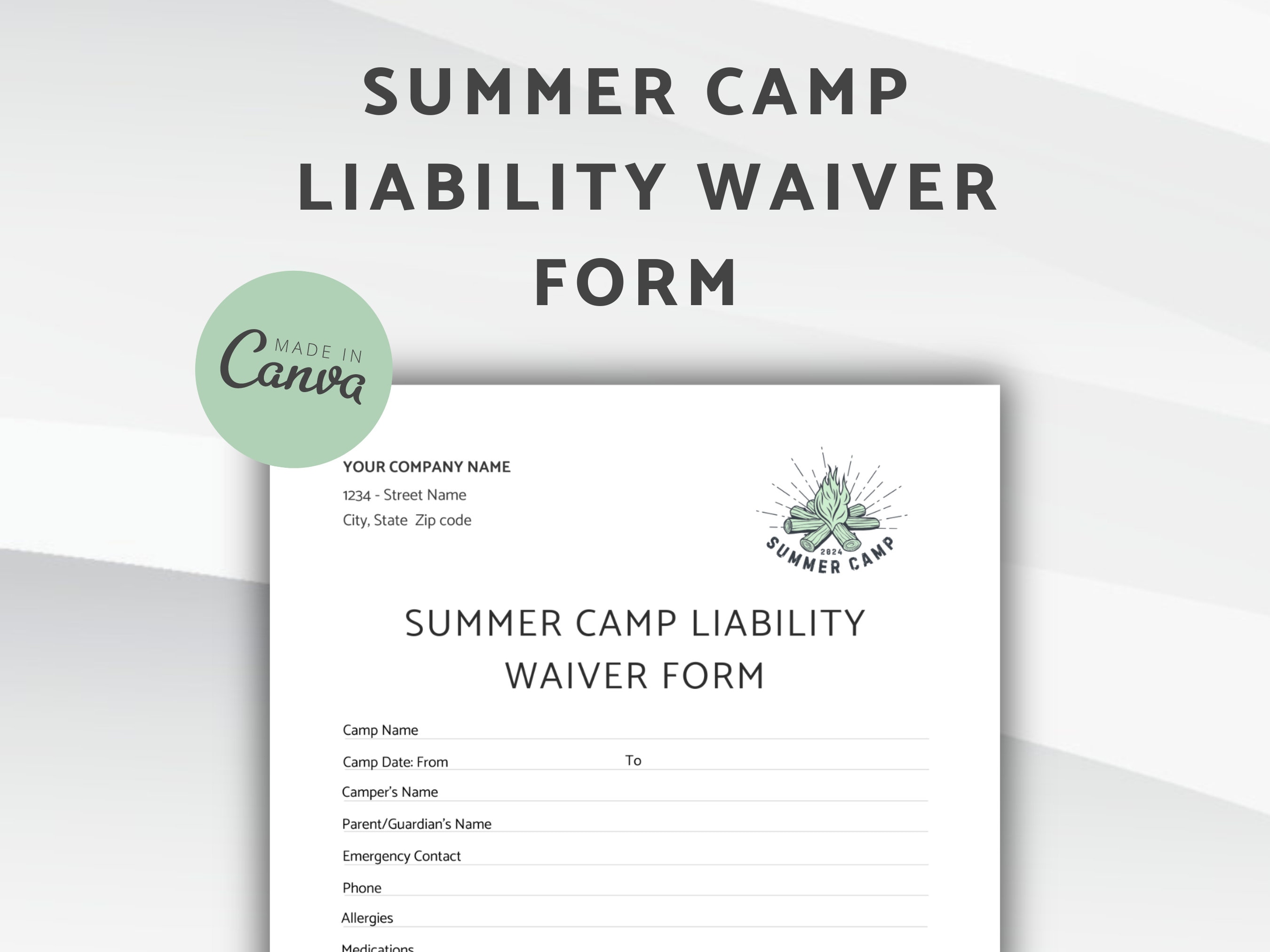 Summer Camp Liability Waiver Form, Release of Liability Agreement, Editable Liability Waiver Contract for Kids, Adventure, Vacation Camps