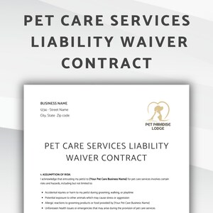 Contrat d'exonération de responsabilité pour les services de garde d'animaux, accord d'exonération de responsabilité, formulaire d'exonération de responsabilité modifiable pour la pension d'animaux de compagnie