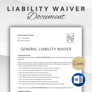 General Liability Waiver Document, Release of Liability Agreement, Editable Liability Waiver Form, Microsoft Word, Canva Template image 1