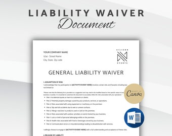 General Liability Waiver Document, Release of Liability Agreement, Editable Liability Waiver Form, Microsoft Word, Canva Template