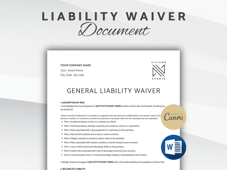 General Liability Waiver Document, Release of Liability Agreement, Editable Liability Waiver Form, Microsoft Word, Canva Template image 1