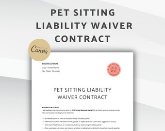 Pet Sitting Liability Waiver Contract, Release of Liability Agreement, Editable Liability Waiver Form for Pet Care Business, Canva Template
