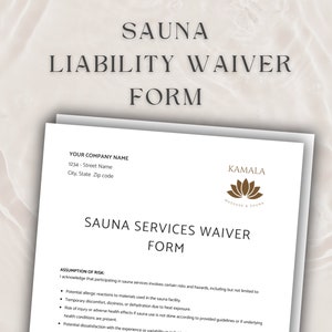 Contrat d'exonération de responsabilité pour le sauna, accord d'exonération de responsabilité, formulaire d'exonération de responsabilité modifiable Services de sauna, centre de bien-être, sauna spa