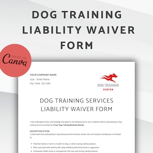 Aansprakelijkheidsovereenkomst hondentraining, overeenkomst afstandsverklaring, bewerkbaar aansprakelijkheidsformulier voor puppygedragstraining, canva
