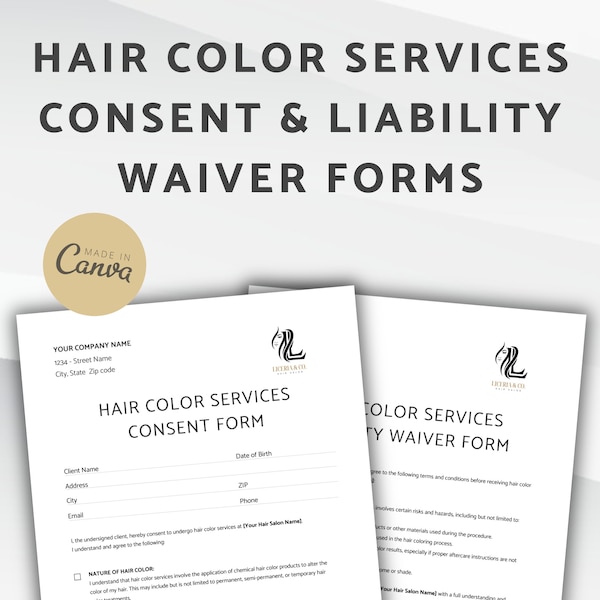 Hair Color  Consent & Liability Waiver Forms, Hair Salon Services Consent Form, Release of Liability Agreement for Hair Coloring and Dyeing