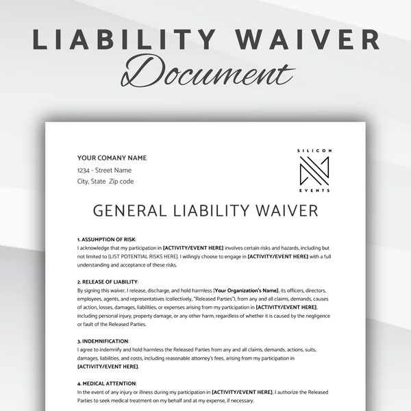 General Liability Waiver Document, Release of Liability Agreement, Editable Liability Waiver Form | Consent Form Template, Canva Template