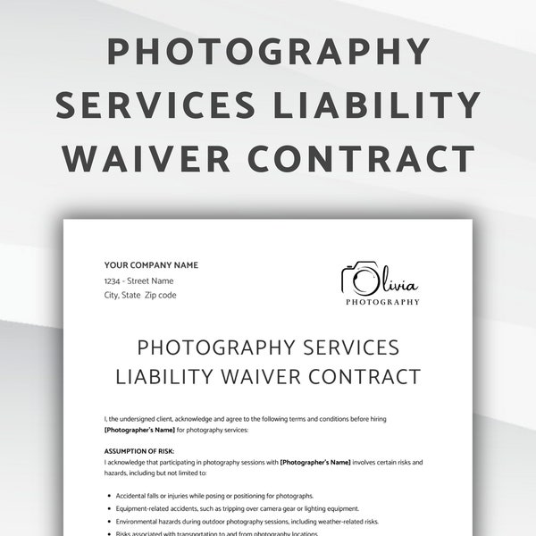 Photography Services Liability Waiver Contract, Release of Liability Agreement, Editable Liability Waiver Form for Photographer