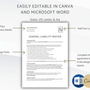 General Liability Waiver Document, Release of Liability Agreement, Editable Liability Waiver Form, Microsoft Word, Canva Template image 2