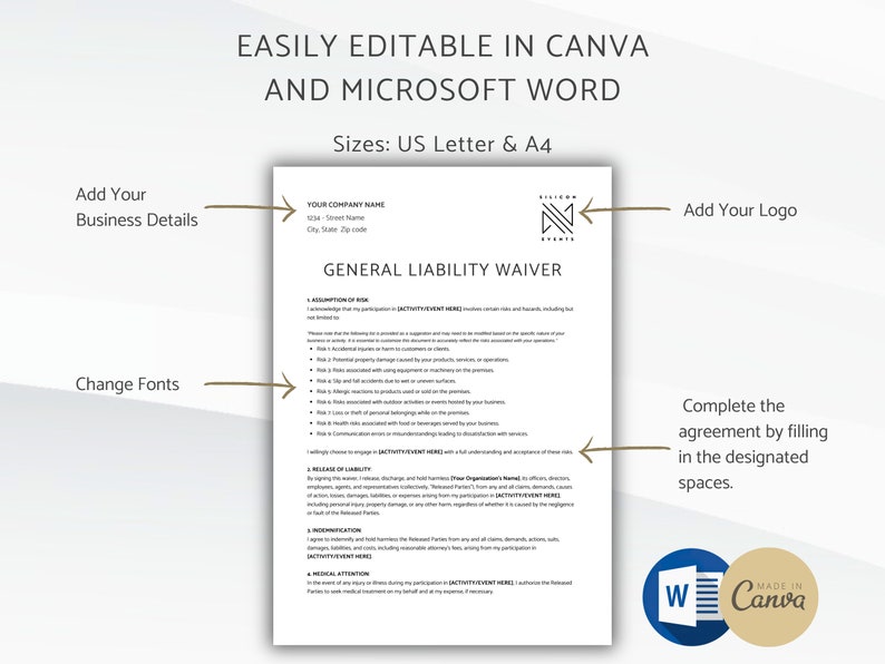 General Liability Waiver Document, Release of Liability Agreement, Editable Liability Waiver Form, Microsoft Word, Canva Template image 2