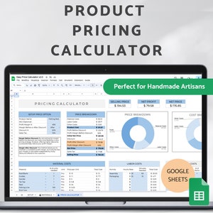 Calculadora de preços de produtos, calculadora de margem de lucro artesanal feita à mão no Planilhas Google, planilha fácil de custos de produtos, ferramenta de preços