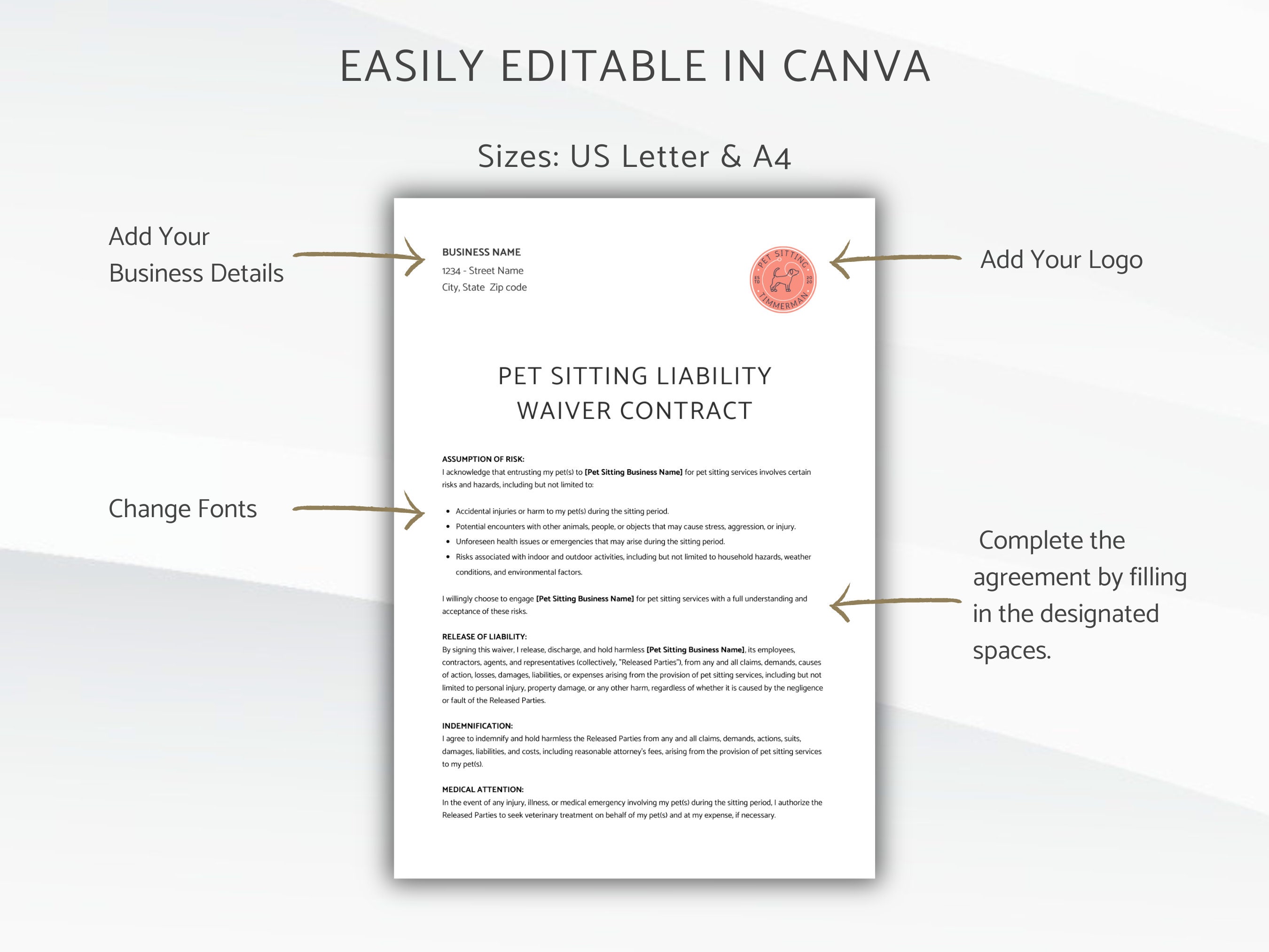 Pet Sitting Liability Waiver Contract, Release of Liability Agreement ...