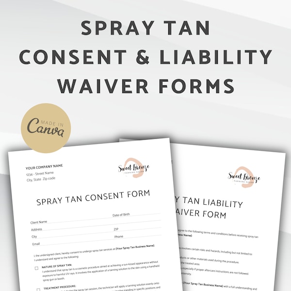 Spray Tan Consent & Liability Waiver Forms, Tan Spray Application Consent Form, Release of Liability Agreement for Spray Tanning
