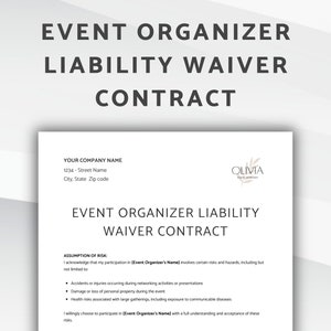 Event Organizer Liability Waiver Contract, Release of Liability Agreement, Editable Liability Waiver Form for Event Planner, Canva Form