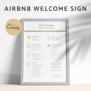 Modelo de placa de boas-vindas do Airbnb, guia de boas-vindas para anfitriões do Airbnb, instruções para aluguel por temporada, regras da casa para impressão, informações sobre Wi-Fi, modelo do Canva