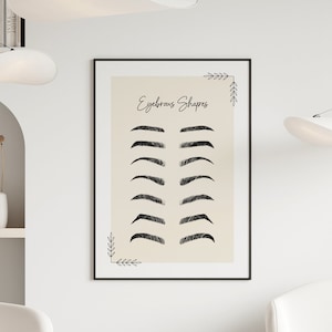 May include: A minimalist interior design featuring two white chairs, a shelf with books, and a framed poster with the text "Eyebrow Shapes" and illustrations of different eyebrow shapes.