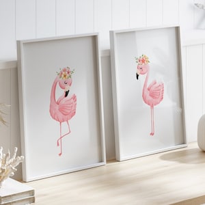 Juego de 2 impresiones de flamencos, arte de pared para habitación de bebé, impresión de flamenco para bebé, decoración imprimible para habitación de bebé, animal tropical, flores rosas, póster para dormitorio de niña