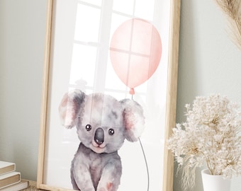 Baby Koala Print, Pink Balloon, Nursery Wall Art (Digital Download)