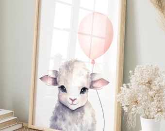 Baby Lamb with Pink Balloon, Nursery Art Print (Digital Download)