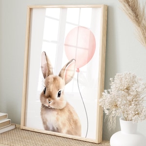 Kaninchen Druck, Ballon Poster, Kinderzimmer Dekor, Mädchen Kinderzimmer Kunstdruck, Baby Häschen, rosa Ballon, druckbare Poster