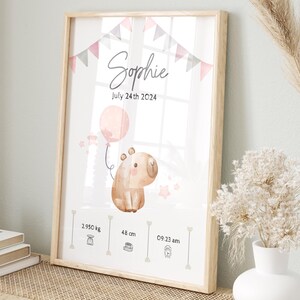 Impression personnalisée de statistiques de naissance Capybara - Tableau de naissance personnalisé pour bébé - Thème de naissance bébé fille - Poster de faire-part de naissance, cadeau nouveau-né, imprimable