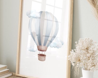Blue Hot Air Balloon Nursery Print – Minimalist Kids Room Decor (Digital Download)