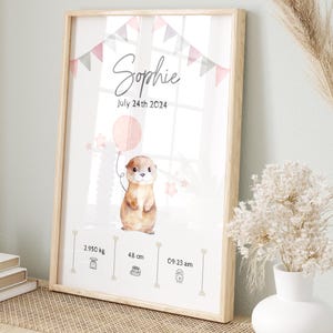 Impression loutre sur carte de naissance - Impression de la date de naissance personnalisée - Poster des statistiques de naissance, thème natal des nouveau-nés, cadeau pour nouveau-né fille, imprimable