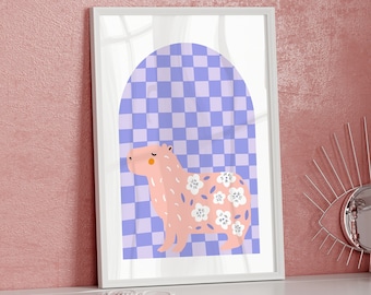 Lámina artística retro de carpincho, decoración floral morada para habitación infantil (descarga digital)