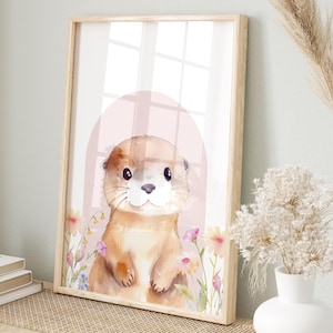 Süße Otter Wand Kunst - Wald Tier Druck, Boho Kinderzimmer Druck, Aquarell Baby Girl Zimmer Dekor, rosa Blumen Poster, digitaler Download