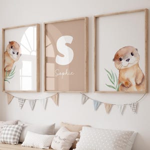 Aangepaste otter kinderkamer kunstset – aquarel babynaam print (digitale download)