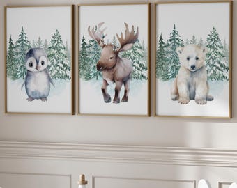 Arctic Animals Nursery Decor Print Set | Polar Bear, Moose, Penguin (Digital Download)