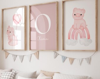 Custom Pink Pig Nursery Art – Watercolor Animal Prints (Digital Download)