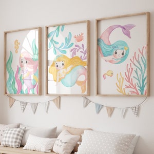 Mermaid Wall Art Set – Girl’s Underwater Nursery Decor – Cute Sea Animals Printable – Pastel Ocean Theme Digital Download