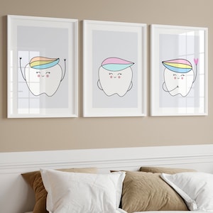 Láminas de dentista para niños, decoración para consultorio dental infantil, pósteres para consultorio dental pediátrico, arte mural de higiene bucal para niños, regalo de dentista, dientes, imprimible