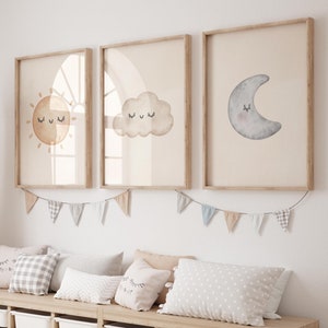 Set di 3 stampe per la cameretta dei bambini Sole Luna Nuvola - Arte murale neutra di genere - Decorazione celeste per la cameretta dei bambini - Poster minimalista per la cameretta dei bambini - Opere d'arte per la cameretta dei bambini