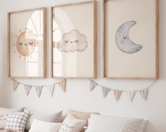 May include: A nursery room with a wooden storage bench with white bins. The bench is decorated with pillows and a garland of flags. There are three framed prints on the wall above the bench, featuring a sun, a cloud, and a moon, each with a cute face. A tall giraffe-shaped woven toy stands next to the bench.