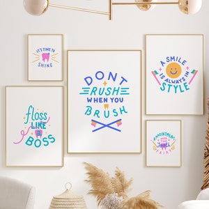 Juego de 5 impresiones con frases de dentista, pósteres divertidos con citas dentales, decoración para consultorio odontológico, arte mural dental para niños, regalo para dentista, hilo dental, sonrisa, imprimible