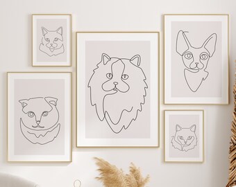 Cat Line Art Prints, Vet Clinic Decor (Set of 5) (Digital Download)
