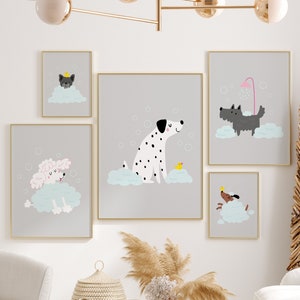 Dog Grooming Prints Set of 5, Dog Grooming Salon Decor, Dog Groomer Gift, Dog Bath Time Posters, Animal Salon Wall Art Decor, Printable