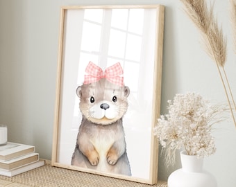 Baby Otter Nursery Art Print, Pink Bow, Sea Animal (Digital Download)