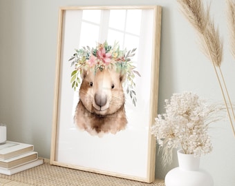 Watercolor Wombat Print, Floral Crown, Australian Animal Nursery Decor (Digital Download)