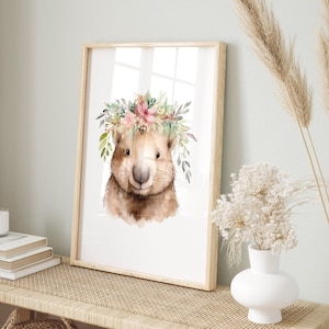 Impresión de wombat, decoración de guardería de wombat, arte mural de animales australianos, decoración de habitación infantil, impresión de acuarela para guardería, regalo de baby shower, flores, imprimible