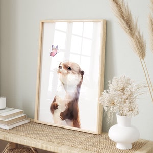 Impresión de nutria, póster de nutria para guardería, decoración de pared para guardería, impresión artística para guardería de niñas, animal marino náutico, mariposa, imprimible