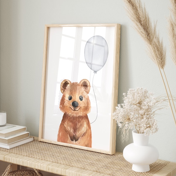 Lámina infantil de quokka en acuarela, arte animal australiano (descarga digital)